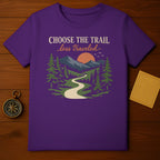 CHOOSE THE TRAIL less traveled Hiking Nature Scenic product type
trail design mountains art trees graphic sun scene birds illustration winding path nature inspired hiking adventure outdoors explore wilderness travel landscape view choose the trail less traveled graphic shirt purple apparel scenic design adventure clothing unique print outdoors lover wanderlust style