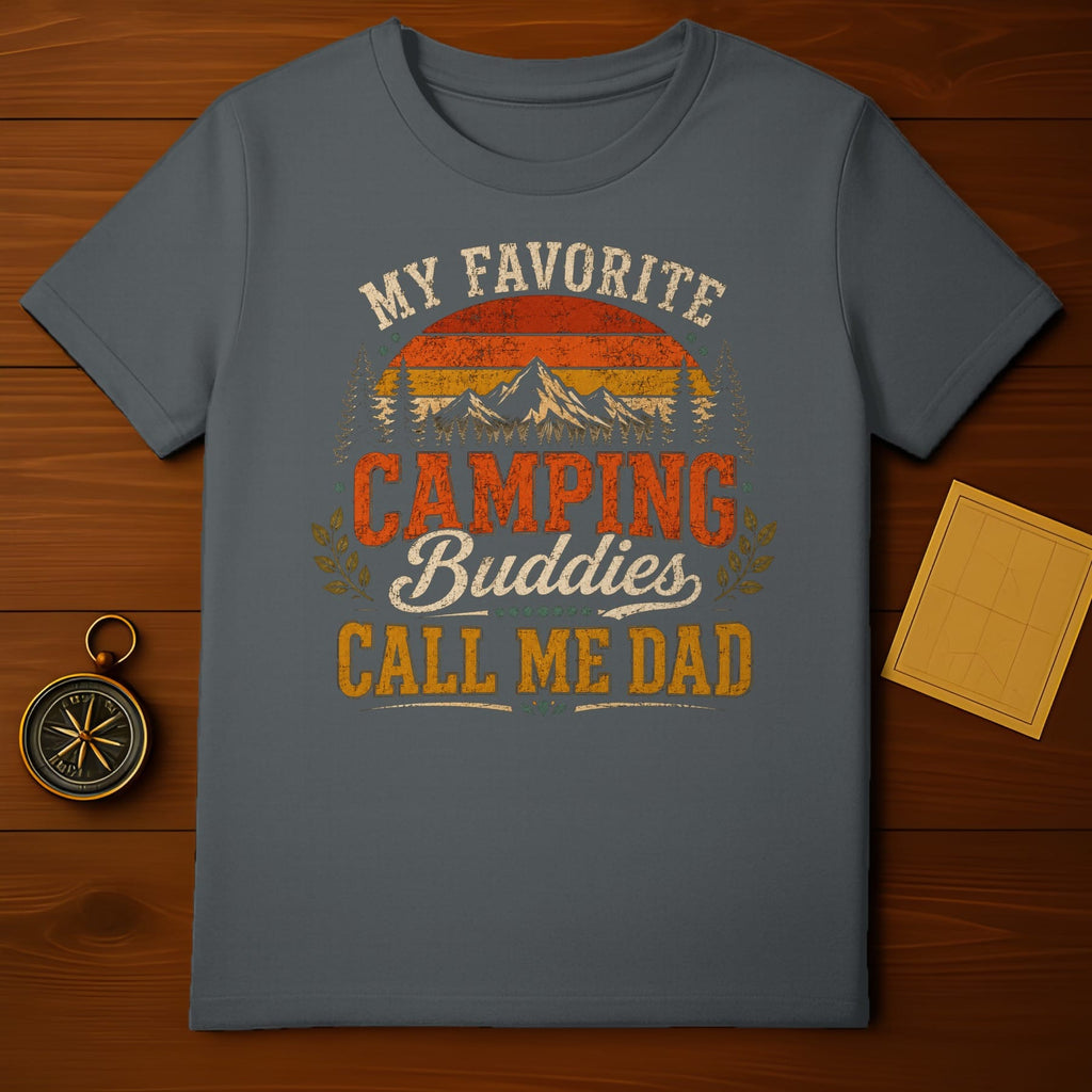 T-shirt with "My Favorite Camping Buddies Call Me Dad" text and vintage mountain graphic.