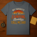 T-shirt with "My Favorite Camping Buddies Call Me Dad" text and vintage mountain graphic.