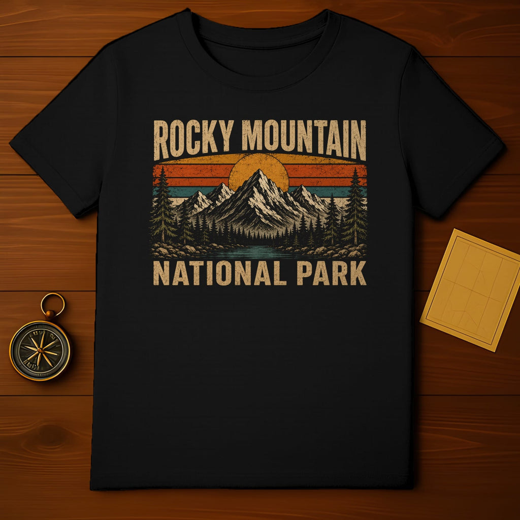 Black t-shirt with vintage Rocky Mountain National Park mountain sunset graphic.