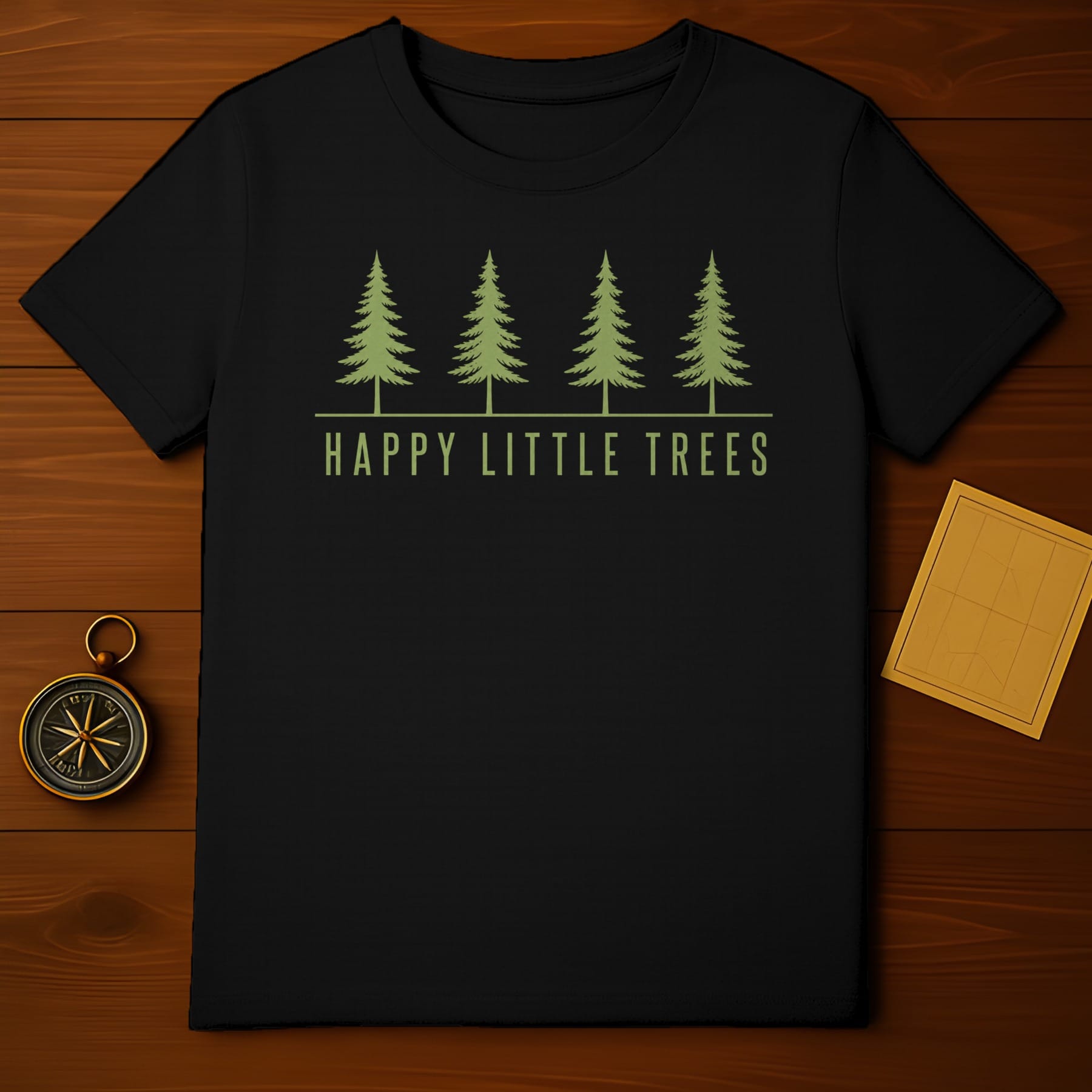 Black t-shirt with green pine trees and text "HAPPY LITTLE TREES".
