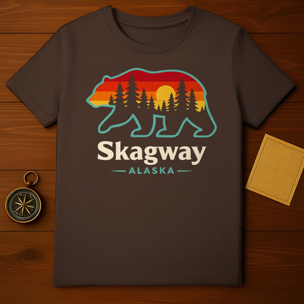 Skagway Alaska Bear Forest Sunset Adventure product type
Skagway, Alaska, Bear, Grizzly, Silhouette, Sunset, Forest, Pine trees, Nature, Wilderness, Mountains, Travel, Souvenir, Retro design, Vintage style, Outdoors, Adventure, Destination, Brown shirt, Alaska trip