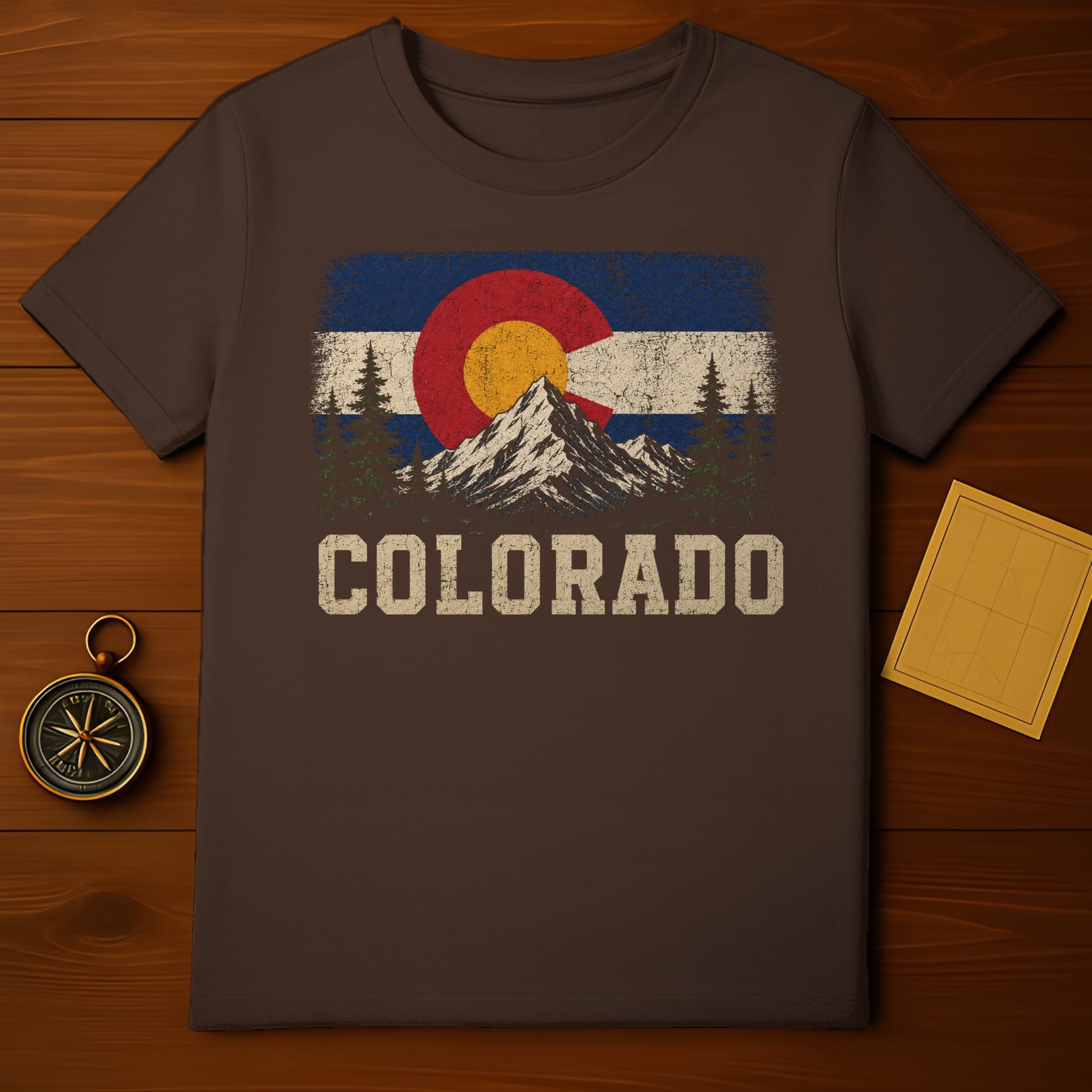 Brown t-shirt with distressed Colorado flag and mountains design.