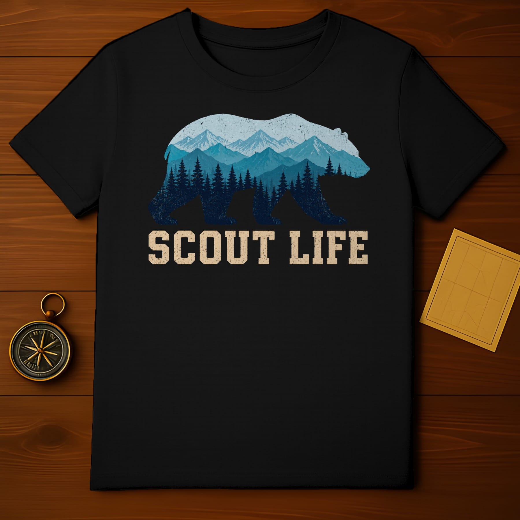 Black t-shirt with a bear silhouette filled with mountains and trees, text "SCOUT LIFE".