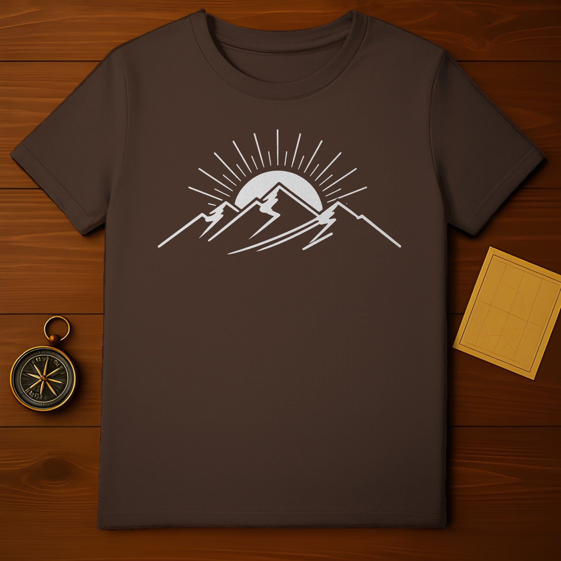Brown T-Shirt with Mountain Sunset Graphic Design