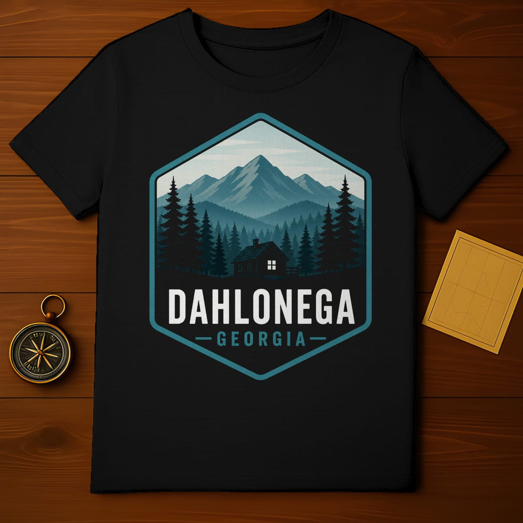 Black t-shirt with hexagonal graphic featuring Dahlonega, Georgia mountains and cabin.