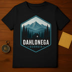 Black t-shirt with hexagonal graphic featuring Dahlonega, Georgia mountains and cabin.