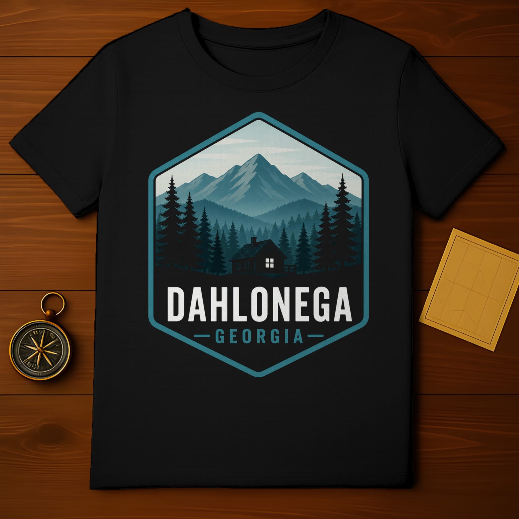 Black t-shirt with hexagonal graphic featuring Dahlonega, Georgia mountains and cabin.