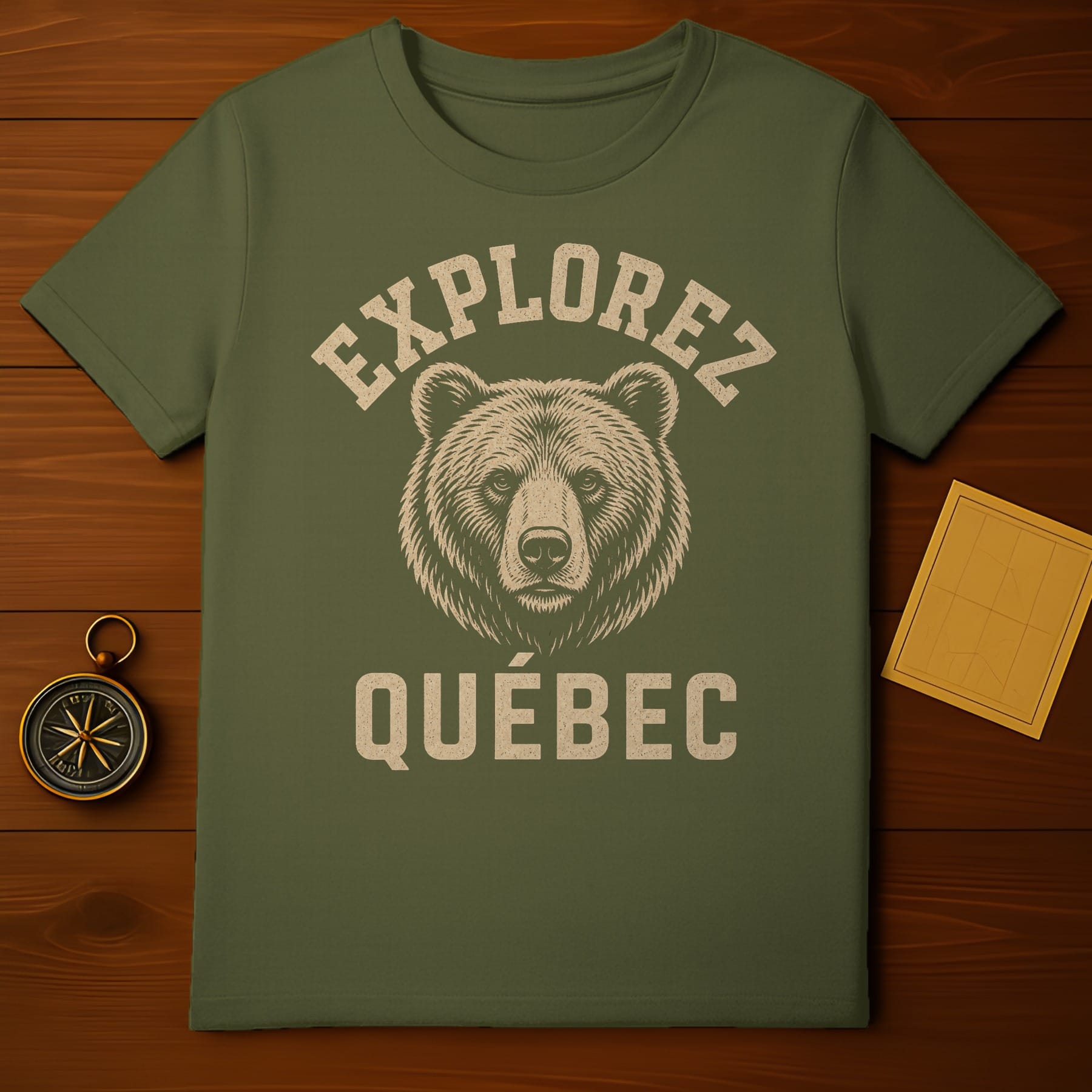 Green t-shirt with bear graphic and "Explorez Québec" text.