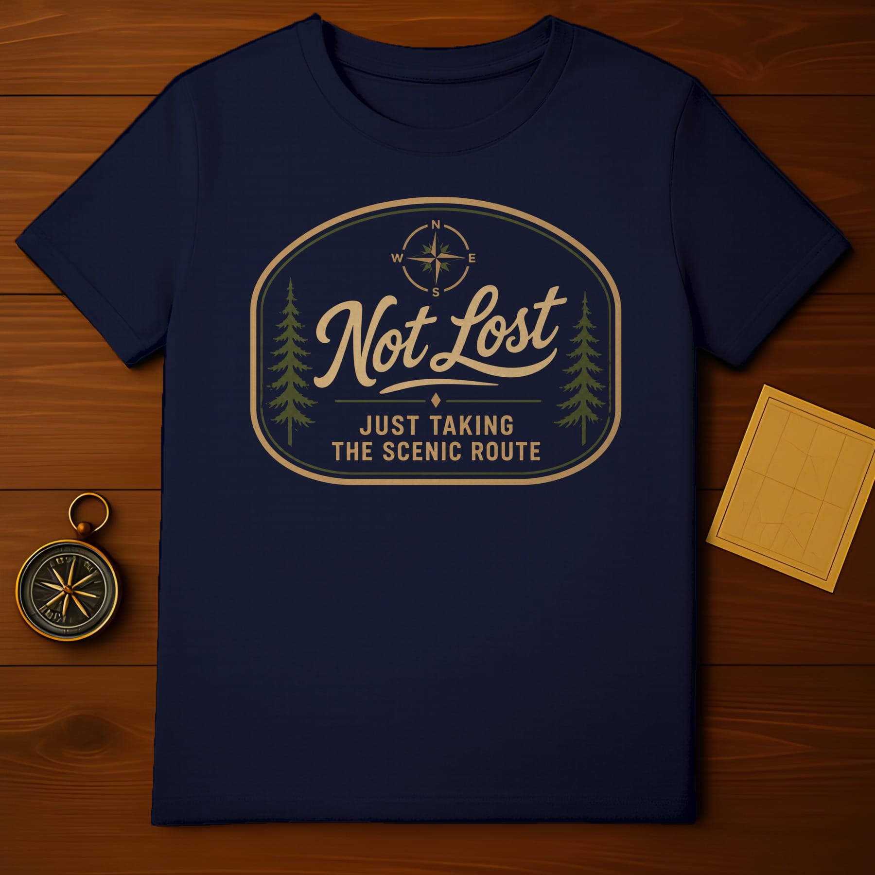 Navy t-shirt with "Not Lost" and compass graphic.