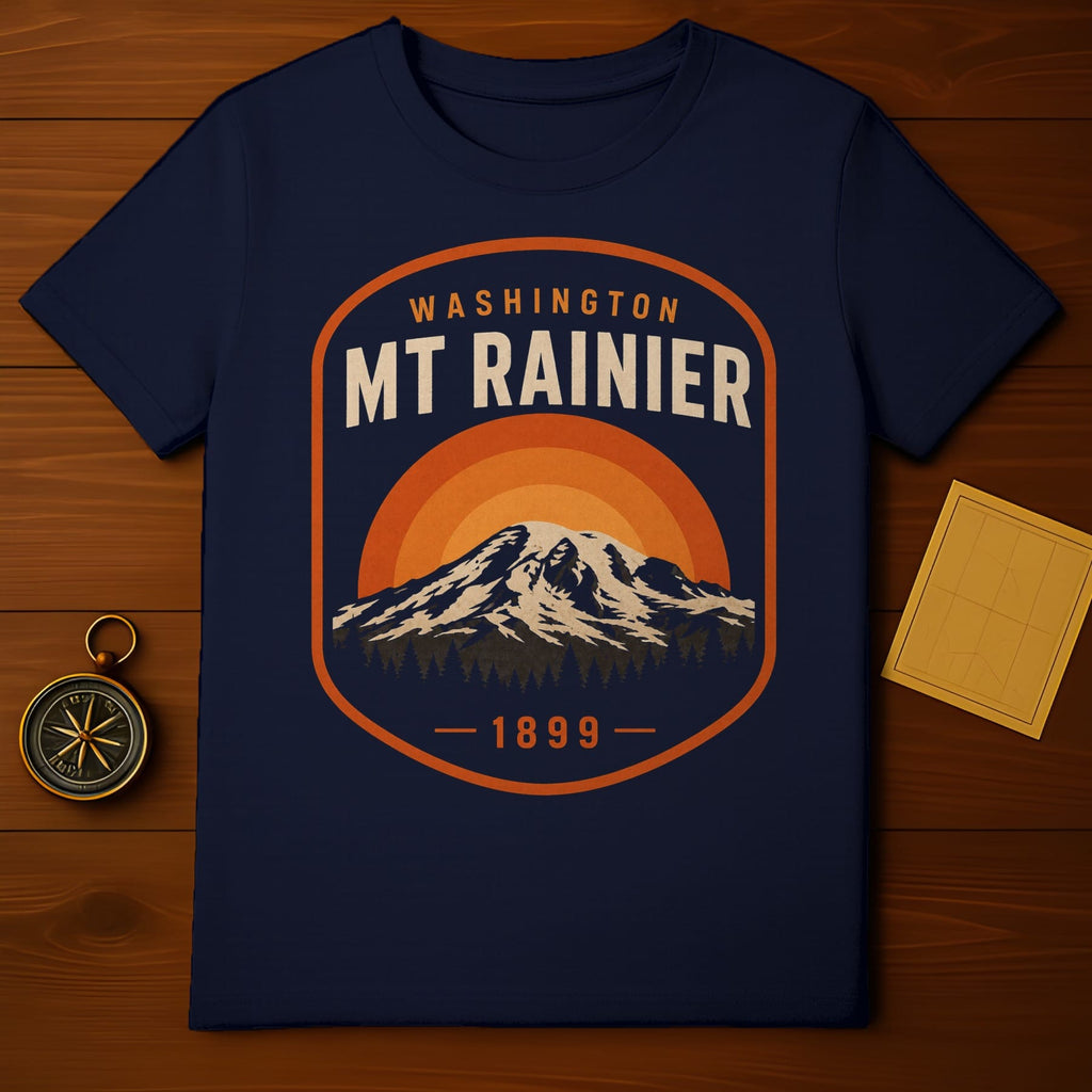 Navy t-shirt with Mt. Rainier design, "Washington 1899" text.