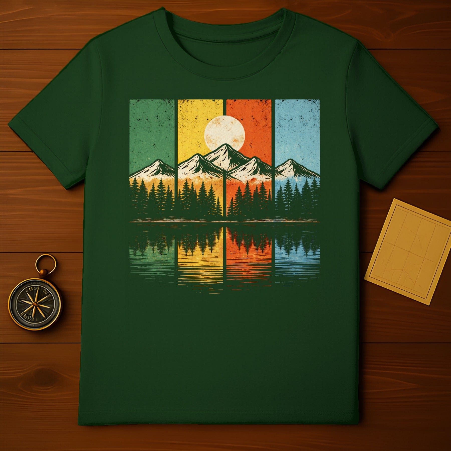 Retro Mountain Graphic with Trees and Sun Reflection Shirt