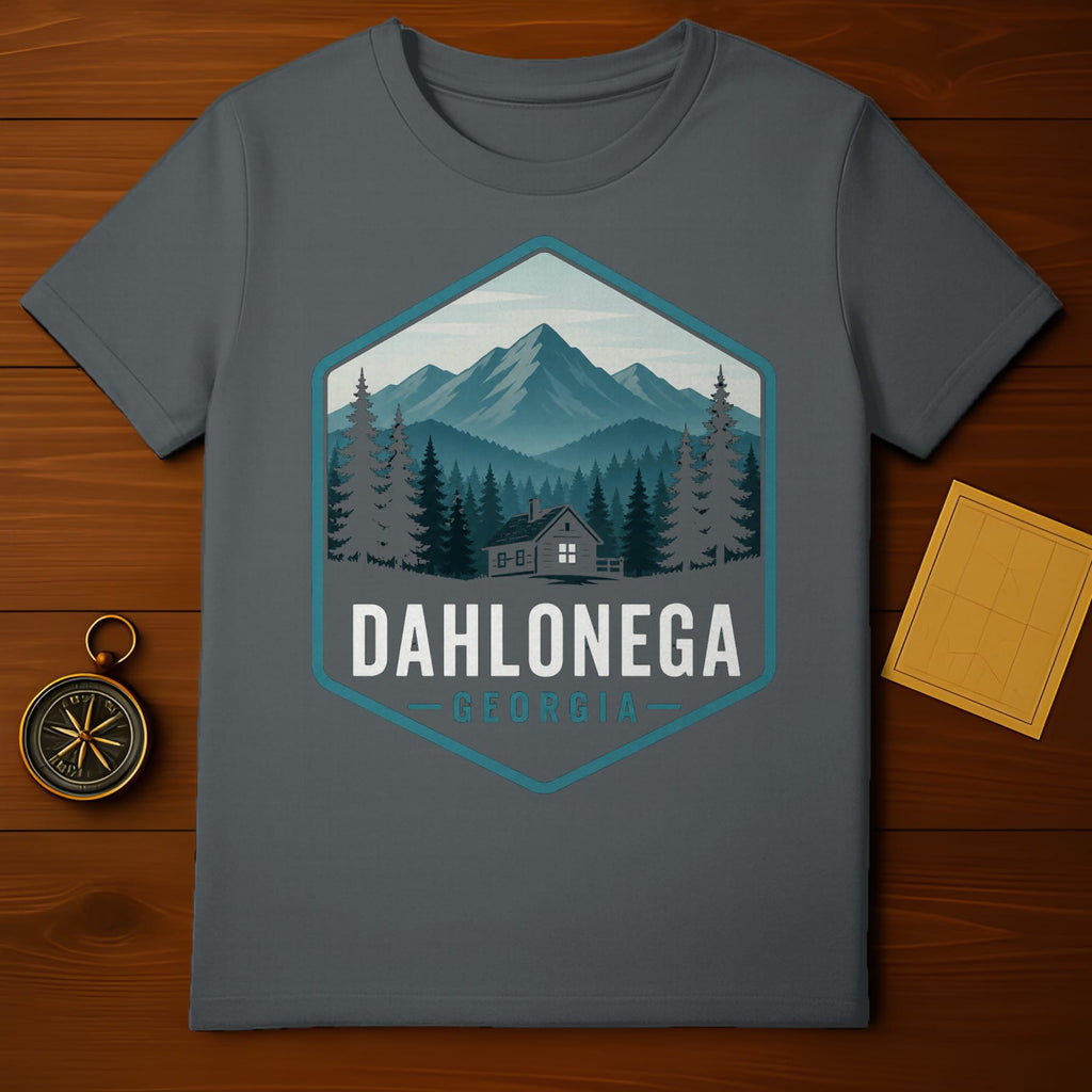 Dark grey t-shirt with Dahlonega, Georgia mountain landscape design.