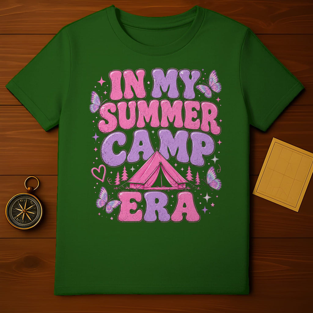 Green t-shirt with "In My Summer Camp Era" text, tent, and butterflies.