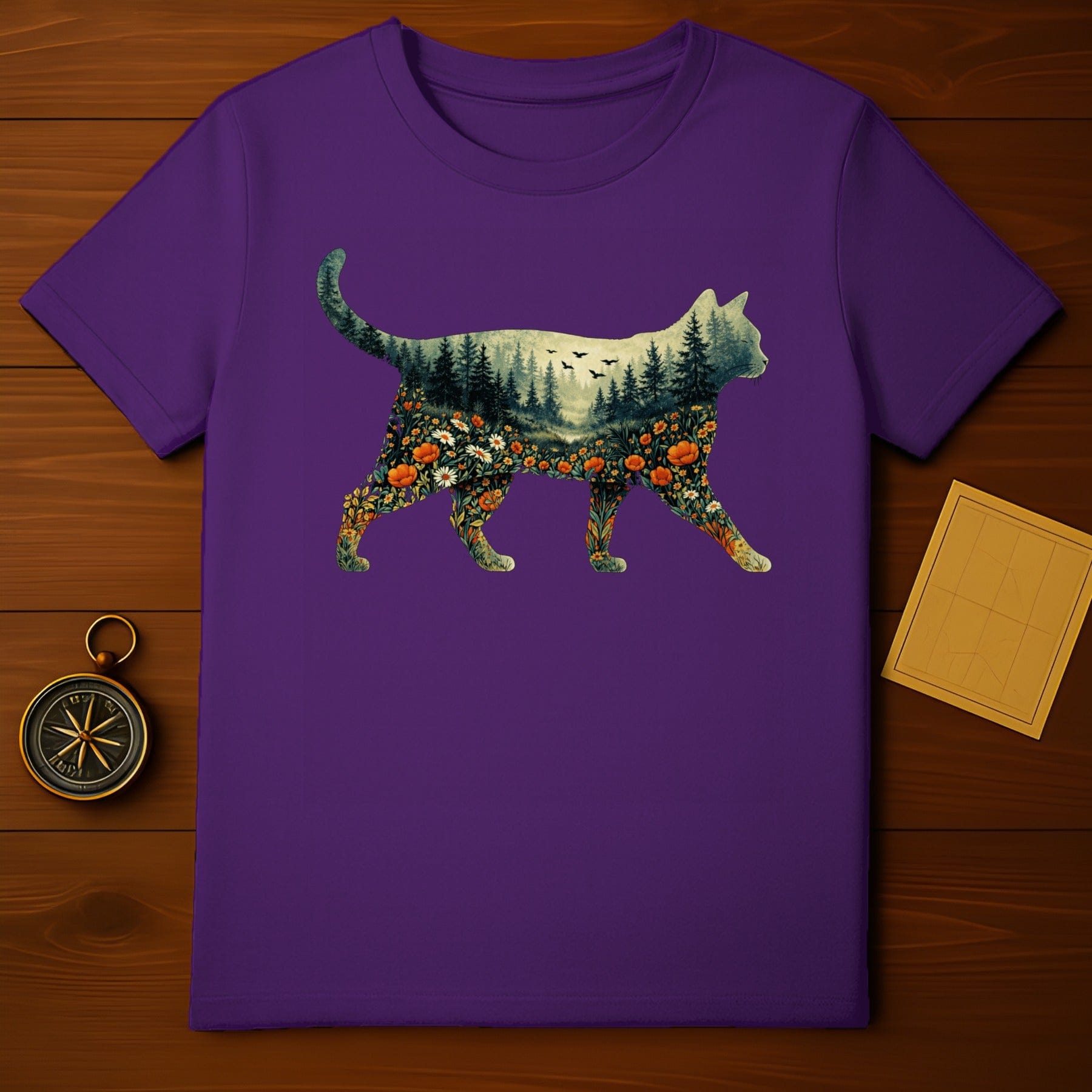 Forest Cat Nature Art Purple T-shirt
