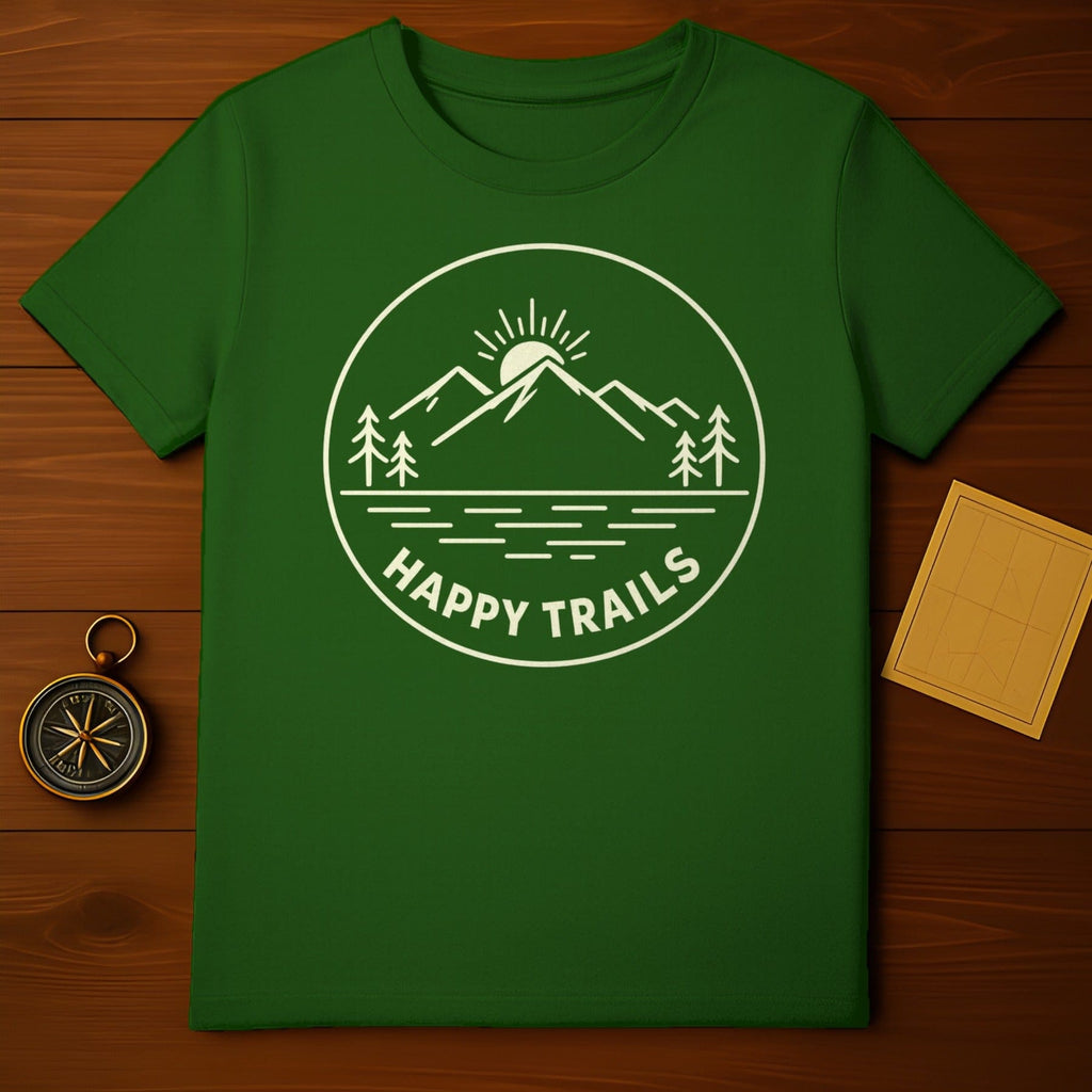 HAPPY TRAILS Mountains Sun Trees Outdoor Nature product type
Happy Trails,Mountains,Sun,Trees,Outdoor,Nature,Adventure,Hiking,Camping,Travel,Green,T-shirt,Tee,Apparel,Clothing,Graphic,Minimalist,Landscape,Wilderness,Explore