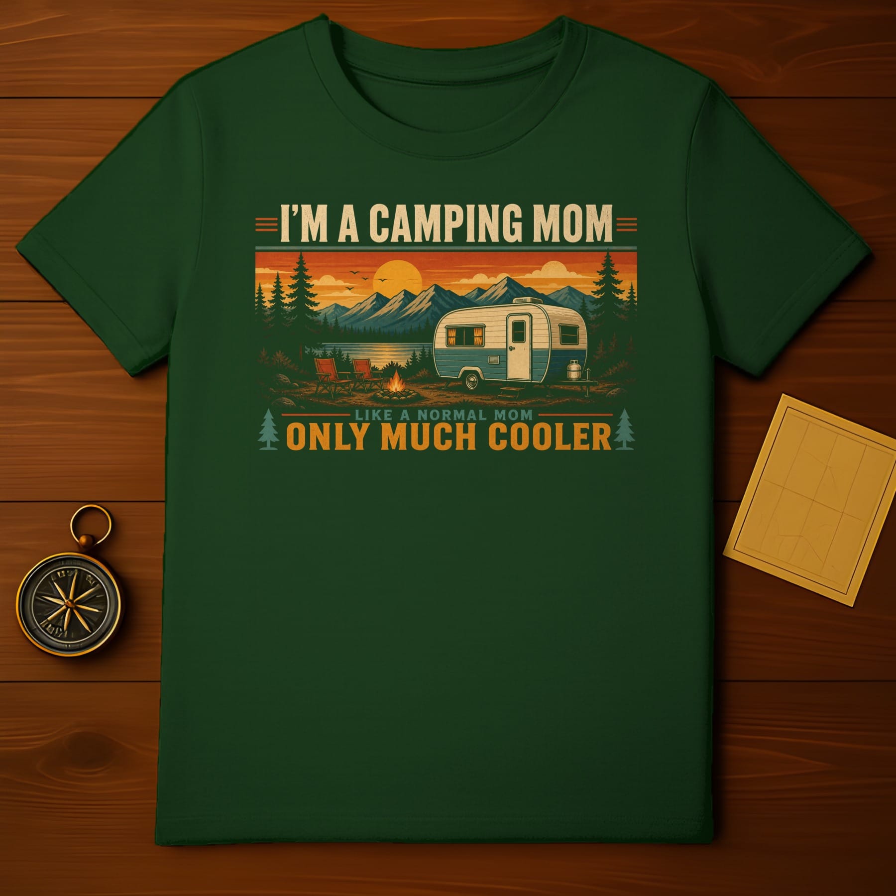 Green t-shirt with "I'm a camping mom like a normal mom only much cooler" text and camping scene.