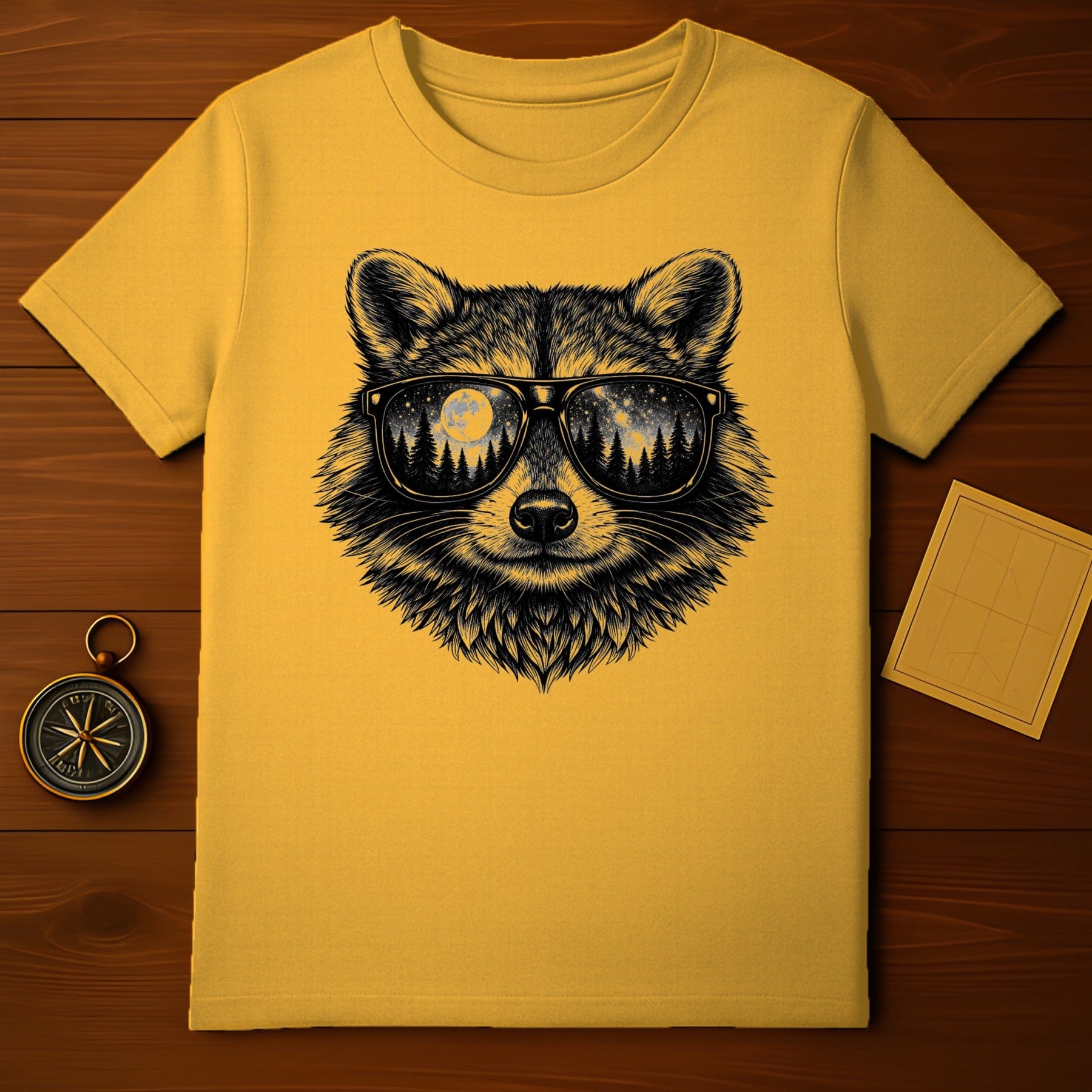 Raccoon sunglasses moon stars trees yellow product type