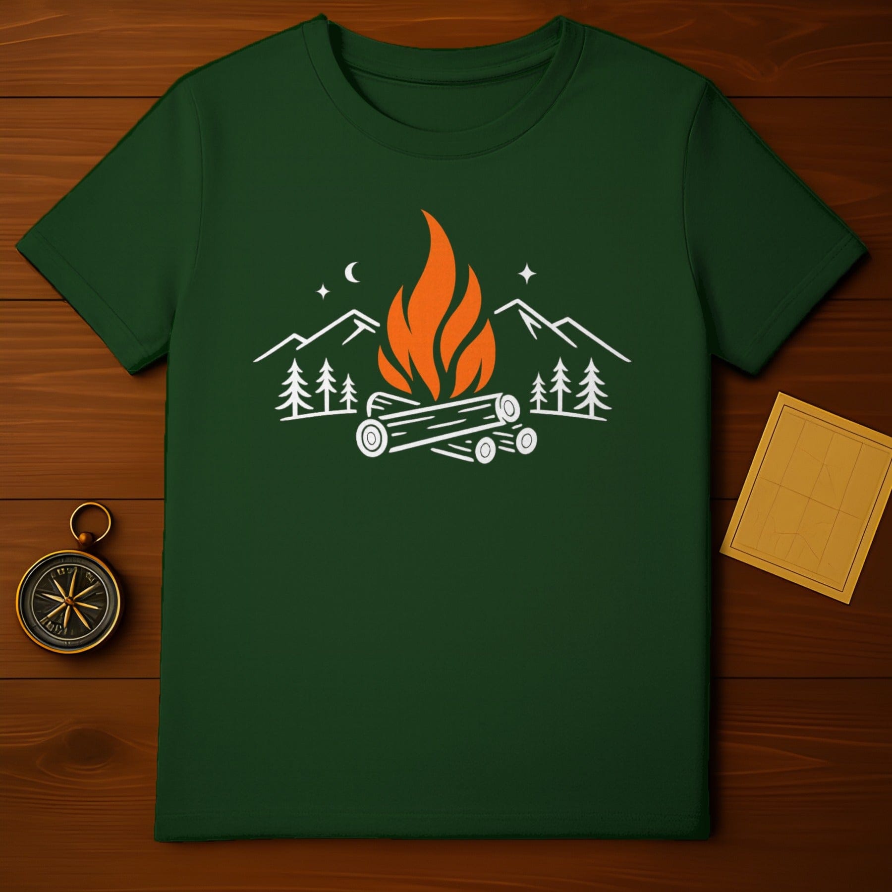 Campfire Mountains Stars Moon Night Scenery T-Shirt product type