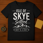 Black t-shirt with "Isle of Skye Scotland" text and mountain graphic.
