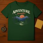 ADVENTURE awaits Forest mountains sunset birds t-shirt product type
