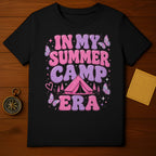 Black t-shirt with "IN MY SUMMER CAMP ERA" text, tent, and butterflies.