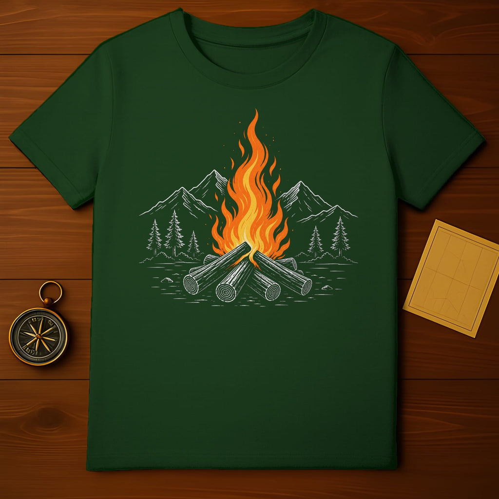 Green t-shirt with a line drawing of a campfire and trees.