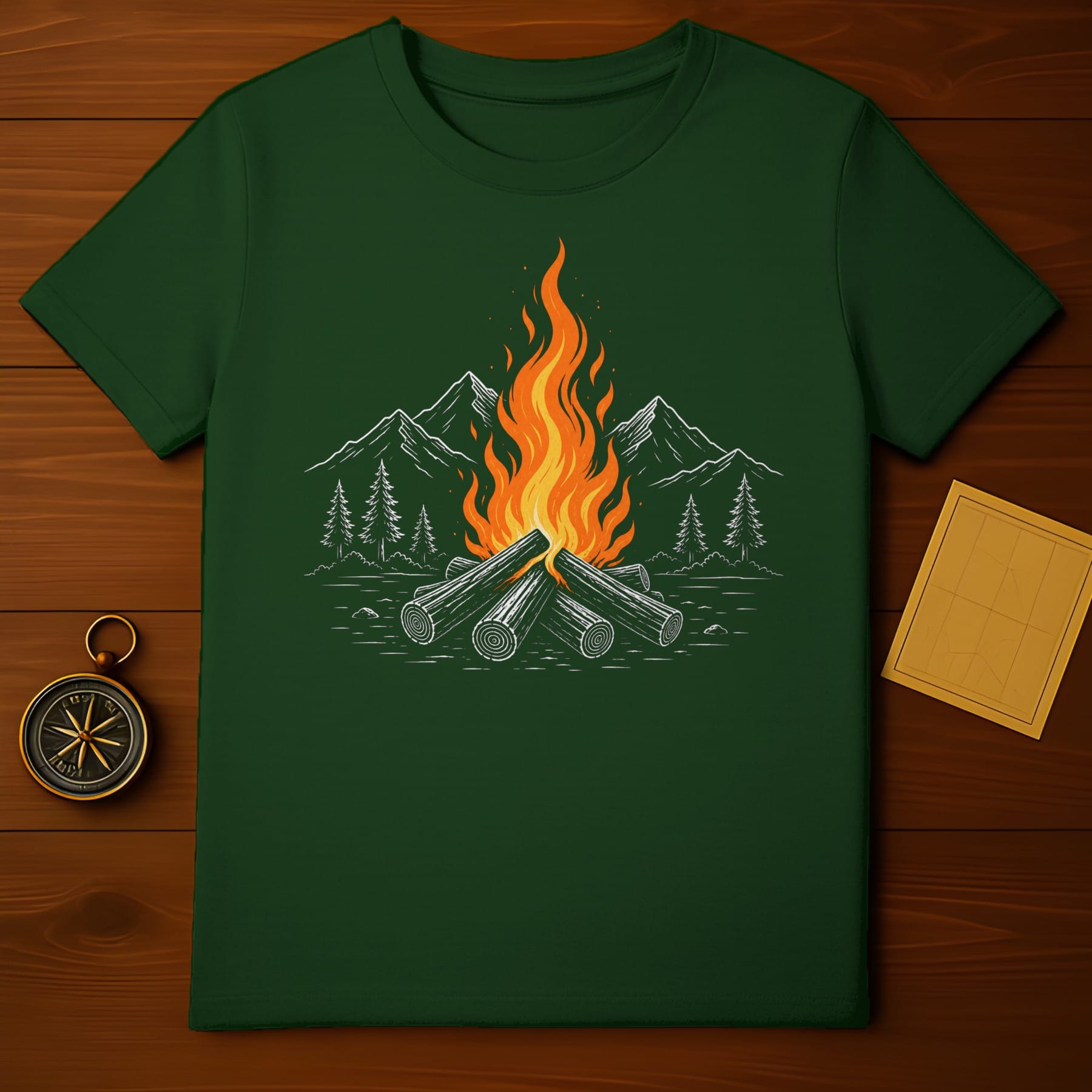 Green t-shirt with a line drawing of a campfire and trees.