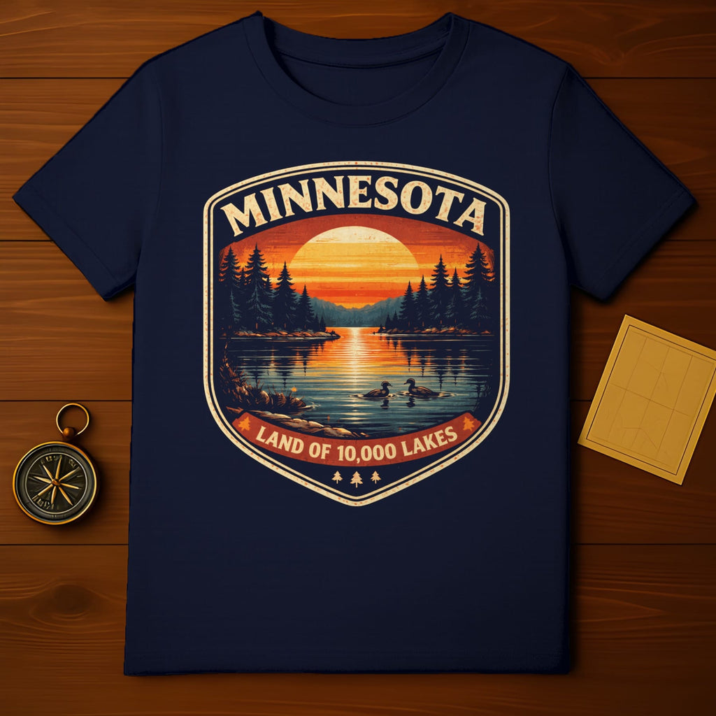 Navy t-shirt featuring a vintage Minnesota landscape design with two ducks on a lake.