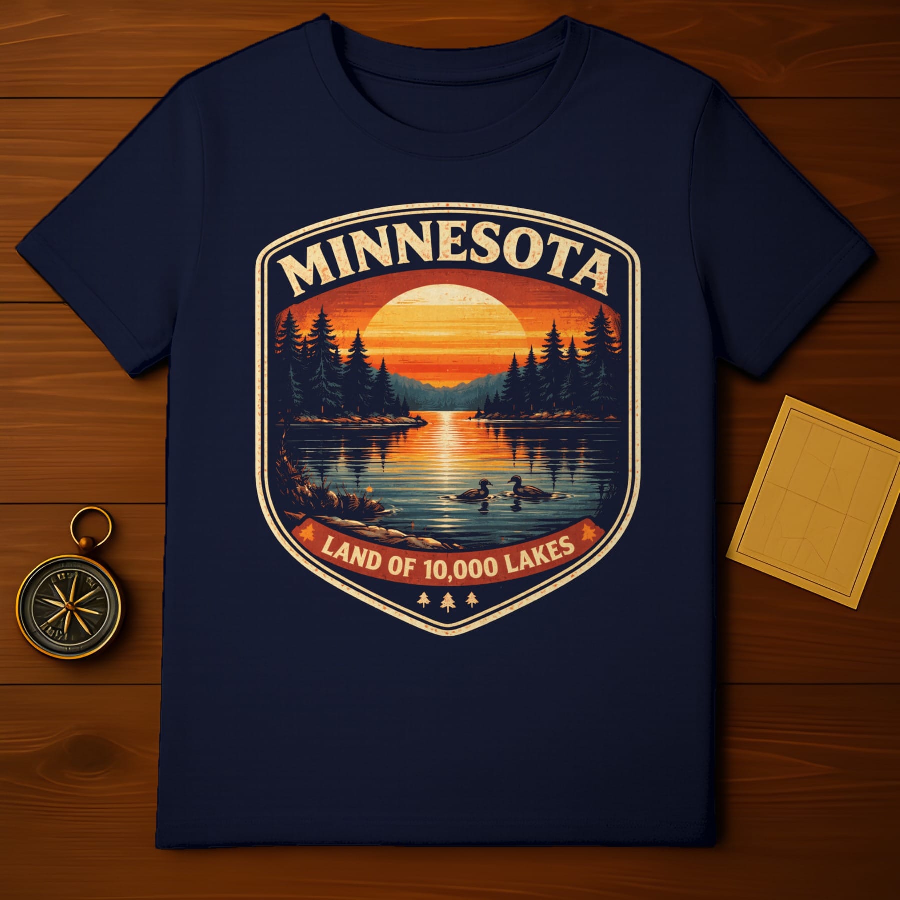 Navy t-shirt featuring a vintage Minnesota landscape design with two ducks on a lake.