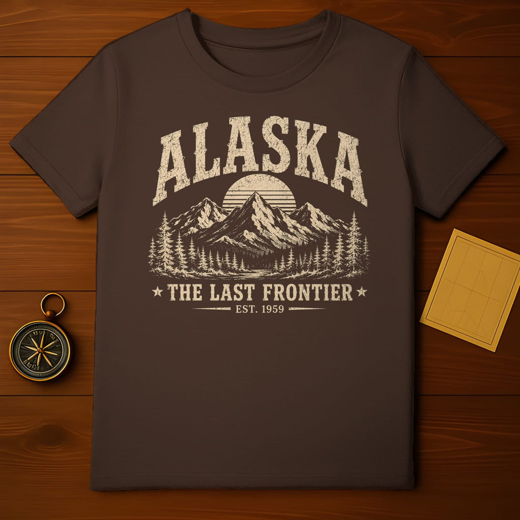 Brown t-shirt with "Alaska The Last Frontier Est. 1959" graphic.