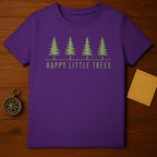 Purple t-shirt with "HAPPY LITTLE TREES" and four pine trees.