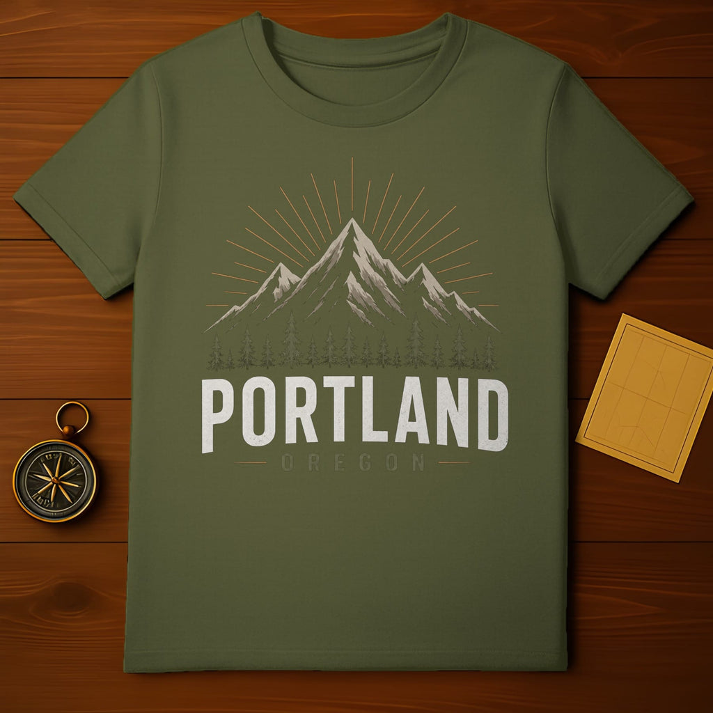 Green t-shirt with "PORTLAND OREGON" text and mountain graphic.