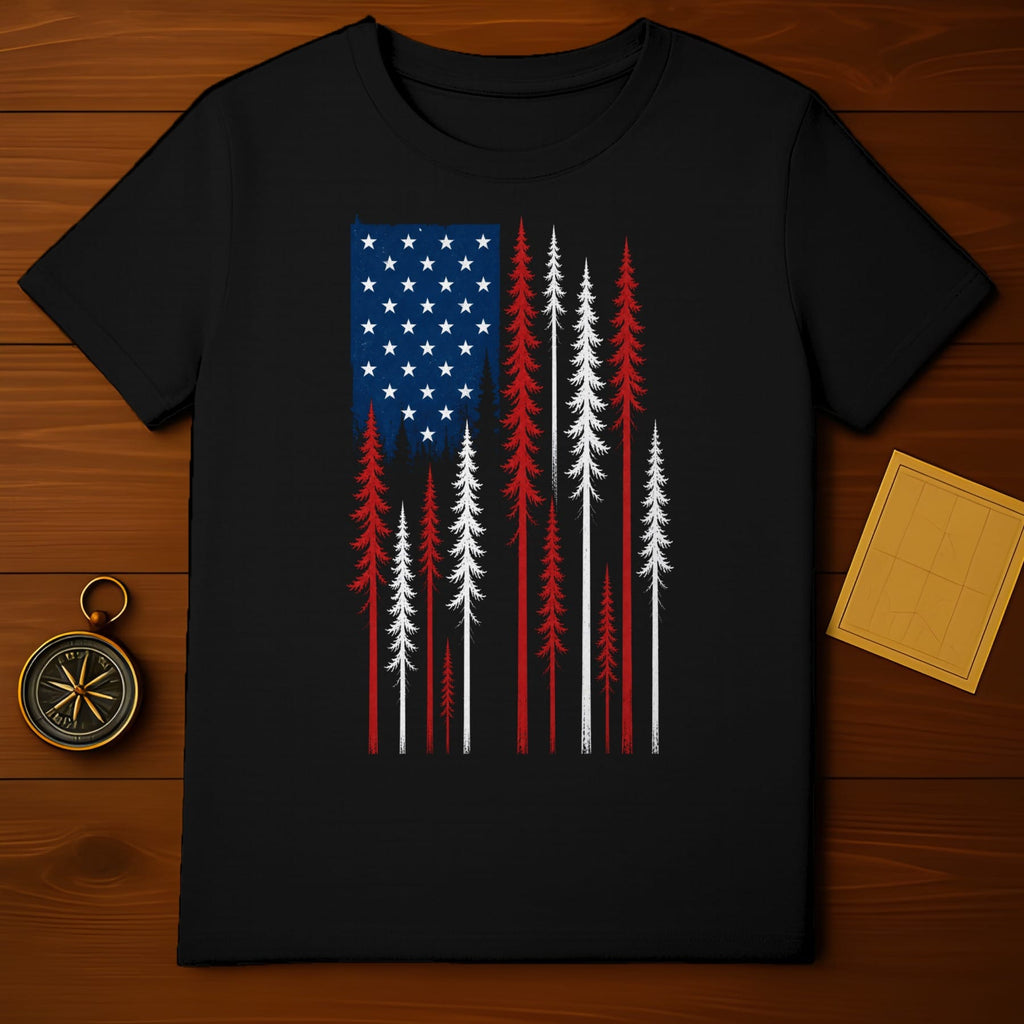 Black t-shirt with distressed American flag tree graphic.
