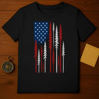 Black t-shirt with distressed American flag tree graphic.