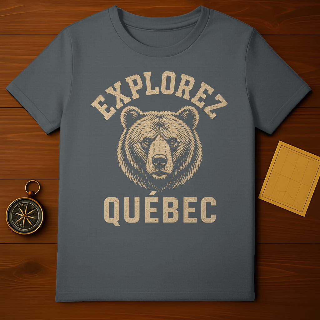 T-shirt with "Explorez Quebec" text and a bear illustration.
