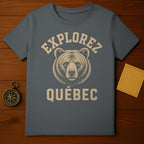T-shirt with "Explorez Quebec" text and a bear illustration.