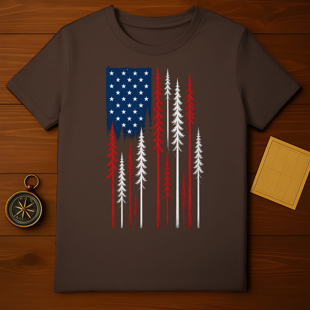 American flag design with pine trees on a dark brown t-shirt.