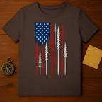 American flag design with pine trees on a dark brown t-shirt.