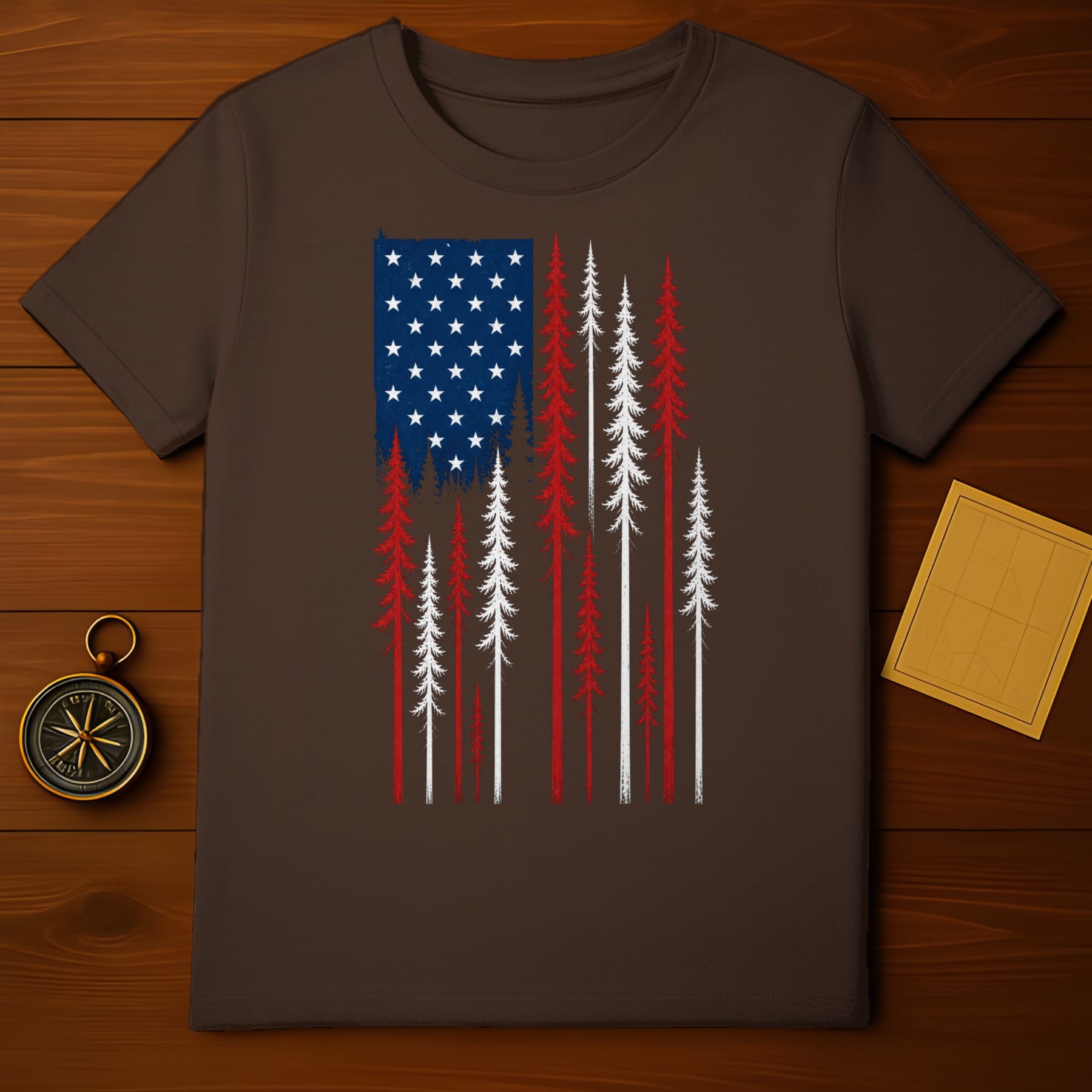 American flag design with pine trees on a dark brown t-shirt.