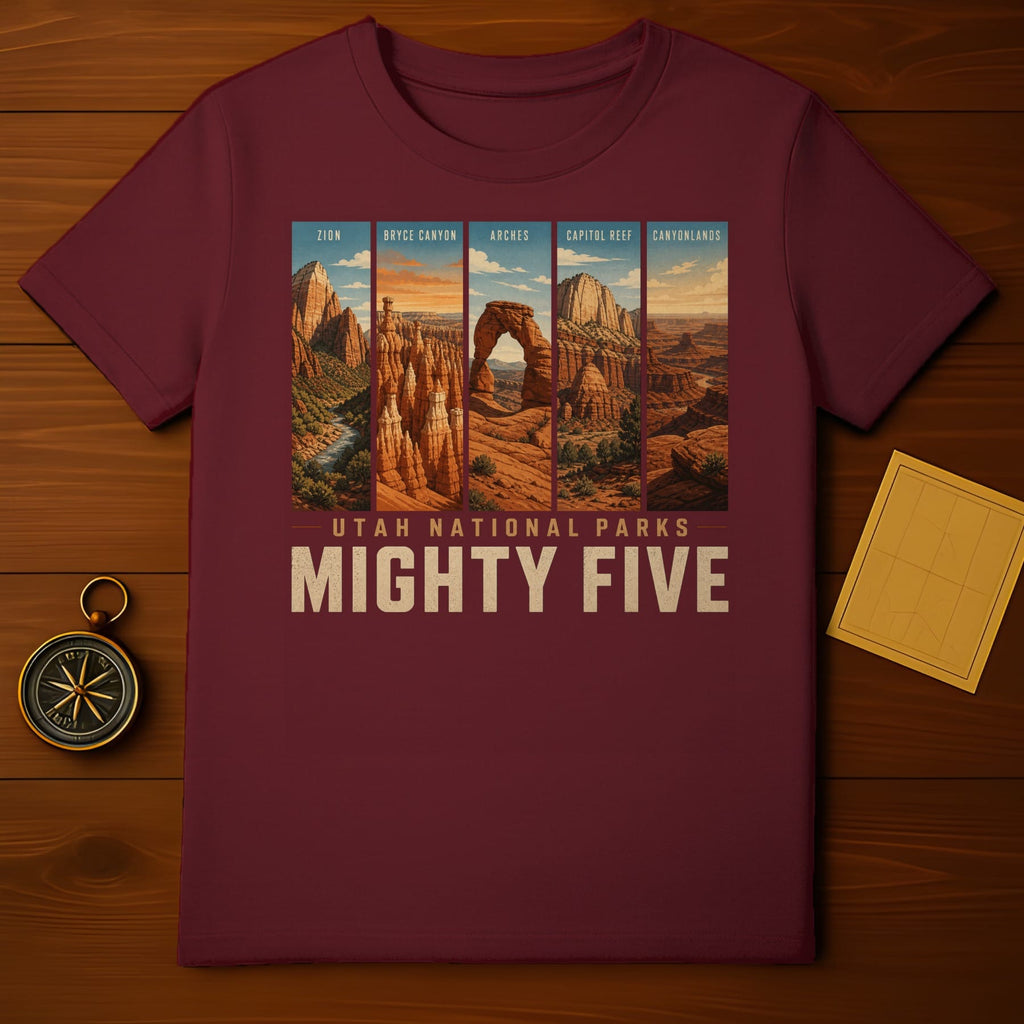 Mighty Five Utah National Parks t-shirt with Zion, Bryce Canyon, Arches, Capitol Reef, Canyonlands.