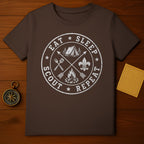 Brown t-shirt with "Eat Sleep Scout Repeat" circular retro camping graphic.