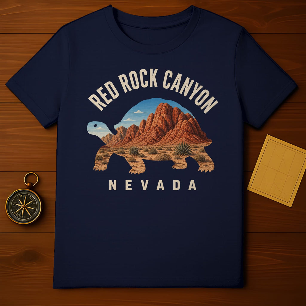 Navy t-shirt featuring a turtle silhouette filled with Red Rock Canyon Nevada landscape.