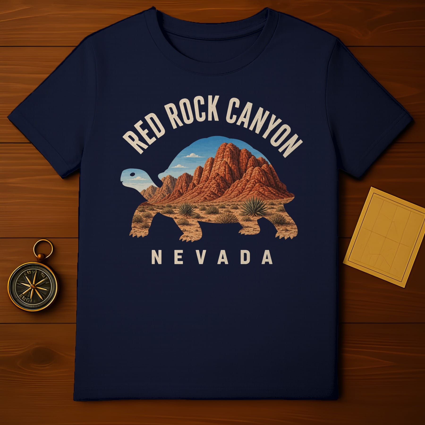 Navy t-shirt featuring a turtle silhouette filled with Red Rock Canyon Nevada landscape.