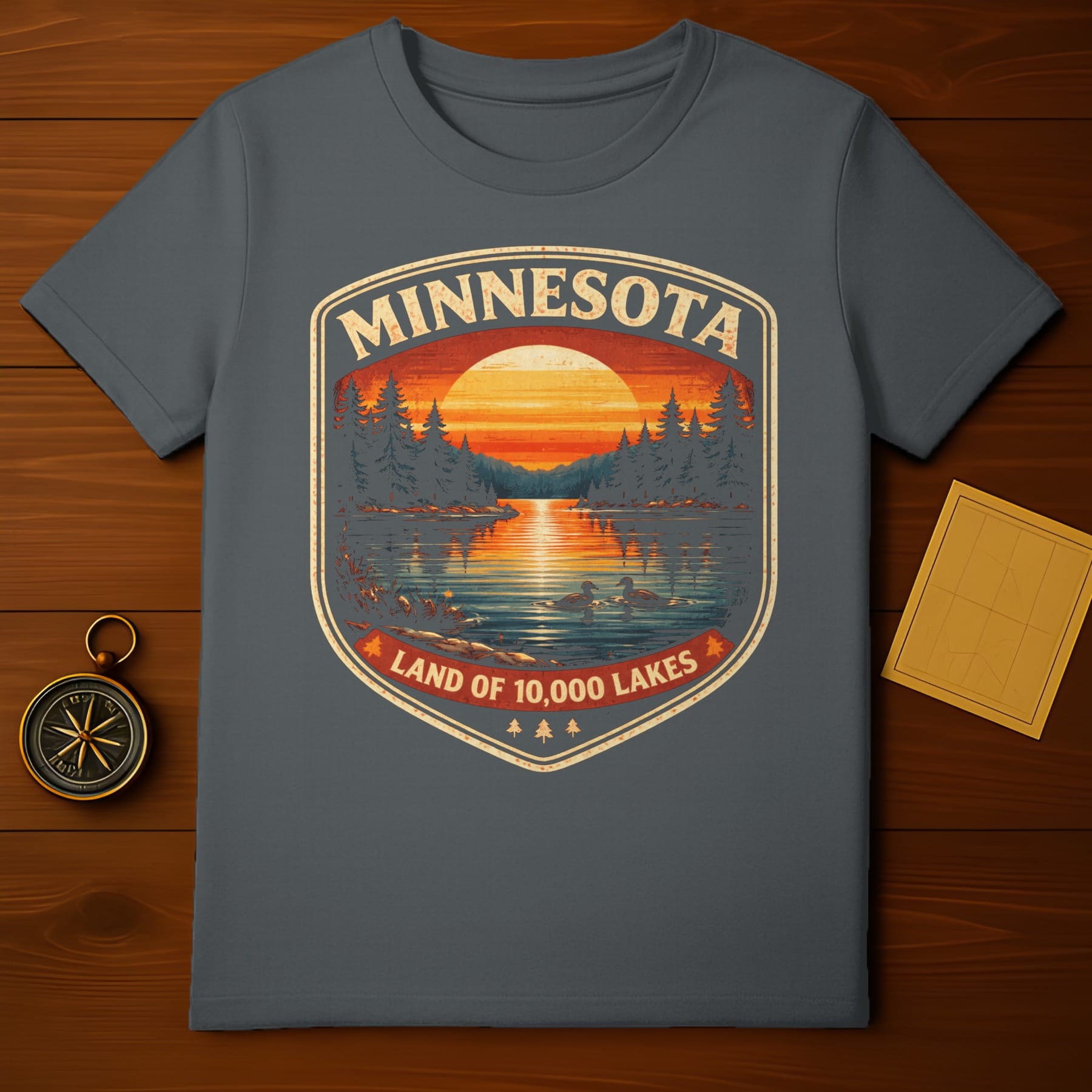 Dark grey t-shirt featuring a Minnesota Land of 10,000 Lakes sunset lake scene design.