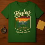 Green t-shirt with "Hurley Explore the outdoors" and a bear in a forest scene.