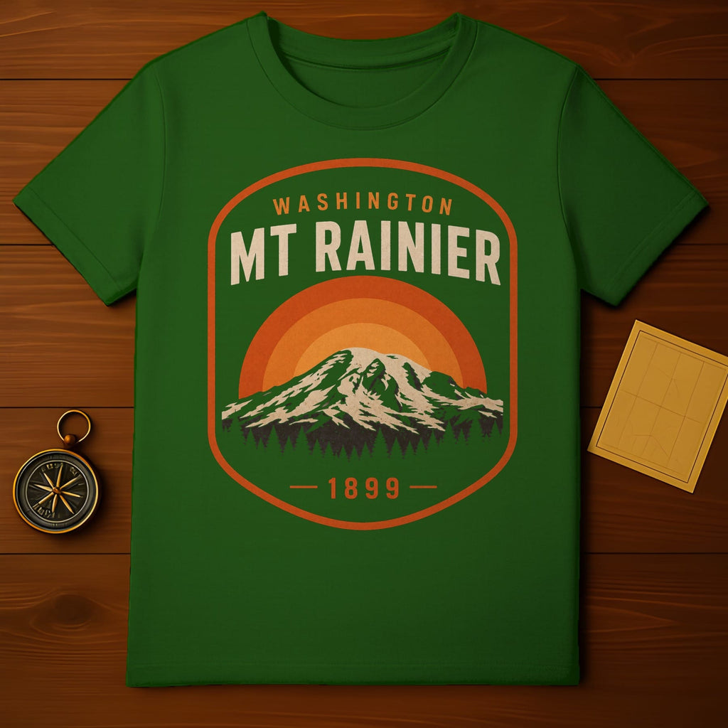 Green t-shirt with Mt. Rainier, Washington, 1899 design.