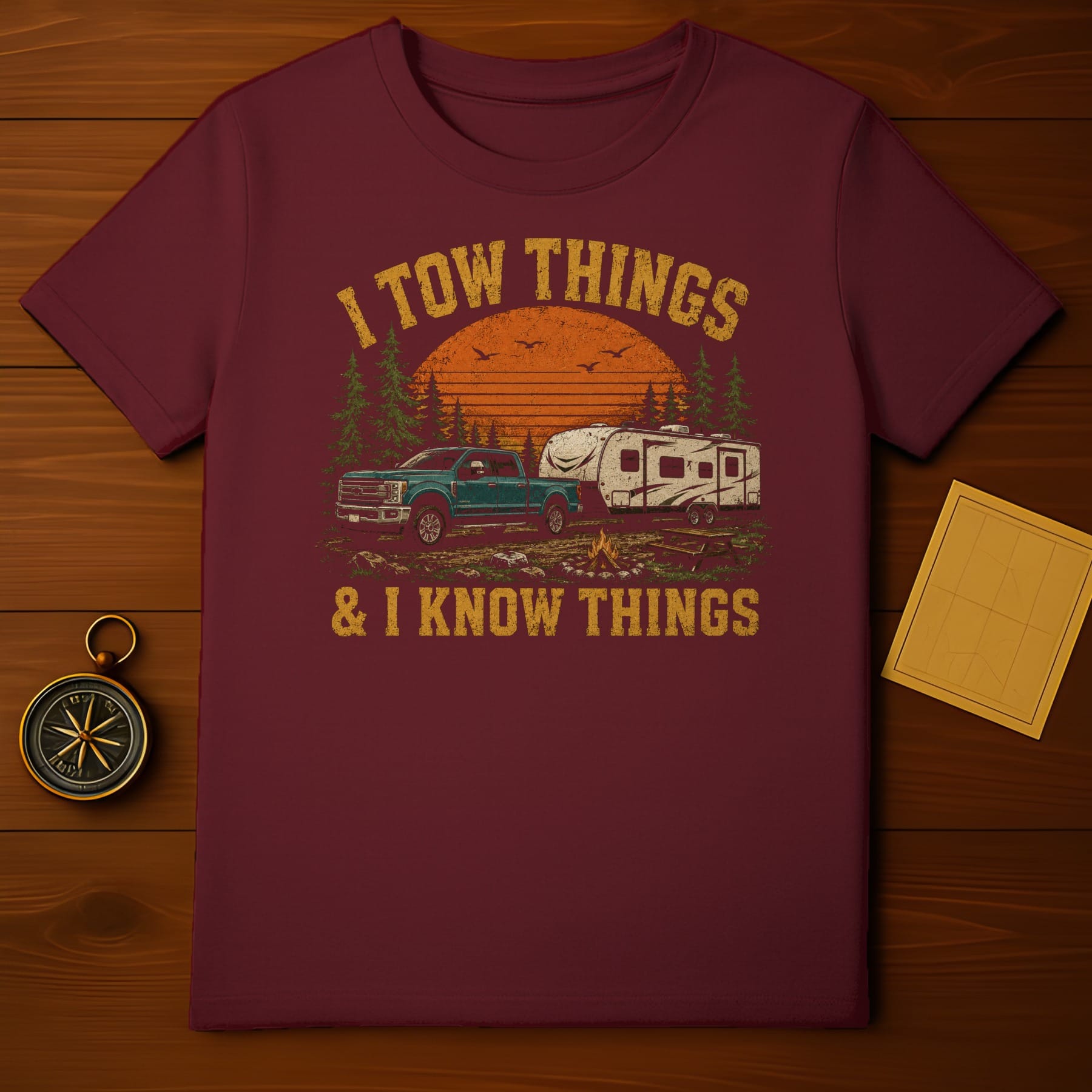 Maroon t-shirt with "I TOW THINGS & I KNOW THINGS" graphic.