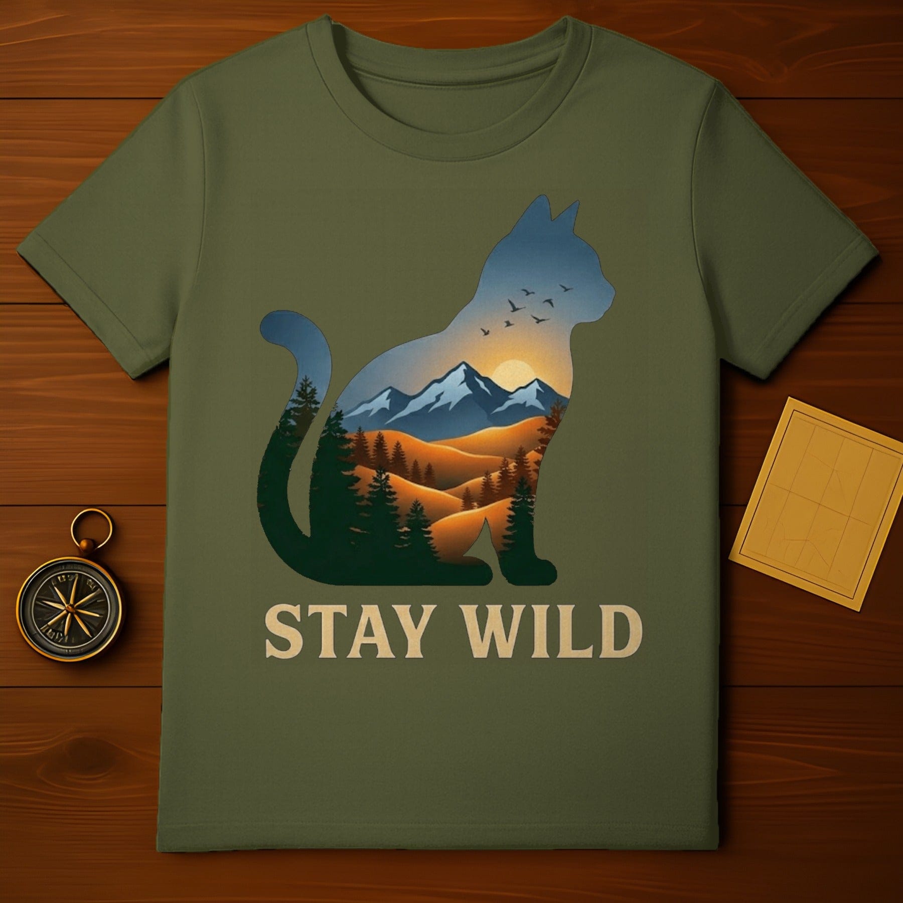 Cat Silhouette Nature Mountains Sunset Graphic Stay Wild product type
Cat Silhouette, Nature Graphic, Mountain Design, Sunset Cat, Forest Trees, Stay Wild, Outdoor Adventure, Wilderness Theme, Feline Art, Scenic Landscape, Animal Lover, Mountain Sunset, Pine Forest, Birds Flying, Nature Inspired, Green Shirt, T-shirt Graphic, Unique Design, Adventure Cat, Wildlife Graphic