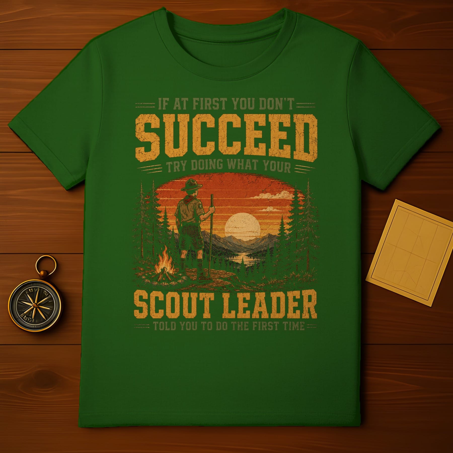 Green t-shirt with "Scout Leader" graphic and the quote "If at first you don't succeed, try doing what your scout leader told you to do the first time."